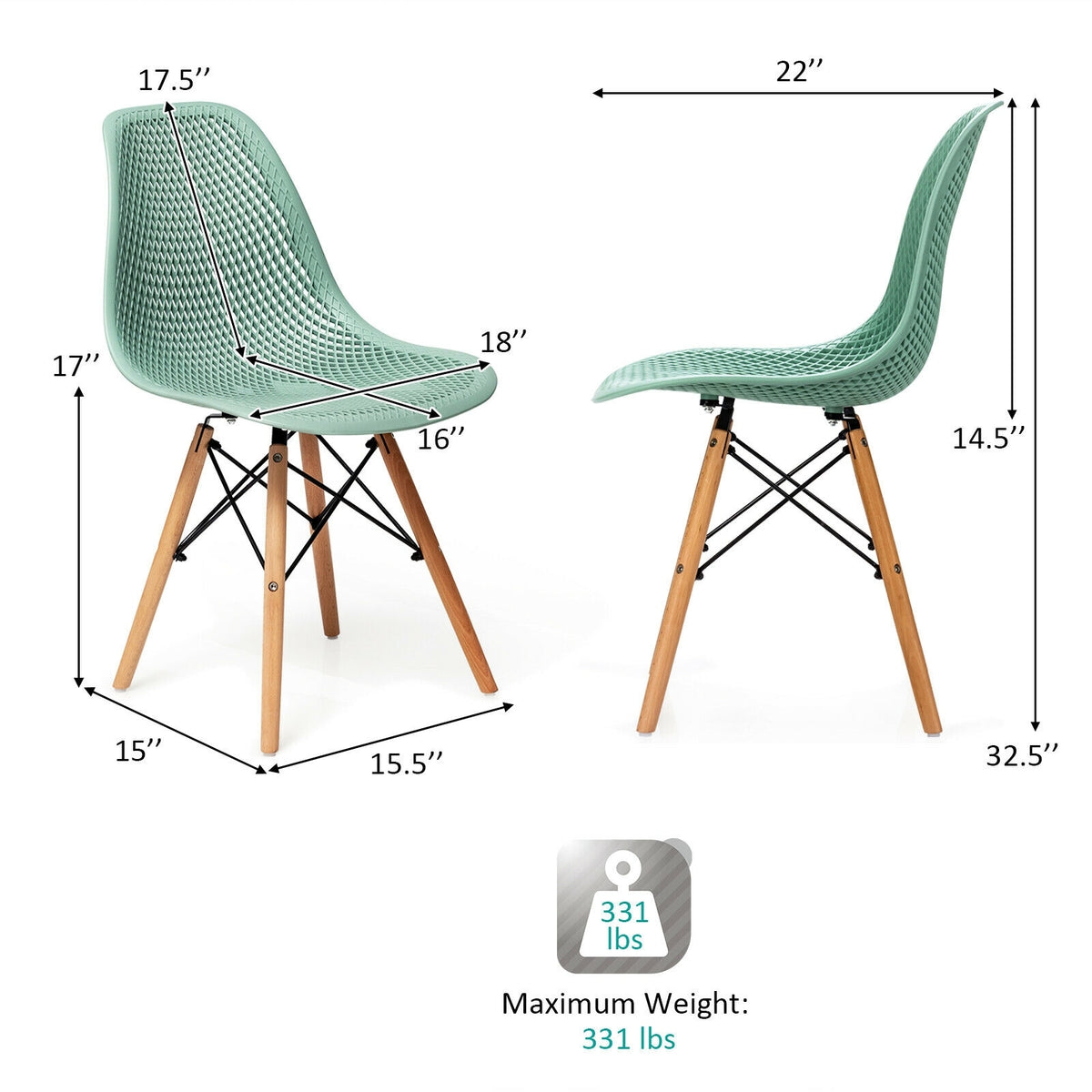 2 Pcs Modern Plastic Hollow Chair Set with Wood Leg-Green-Dining Chairs-DECOROLALA