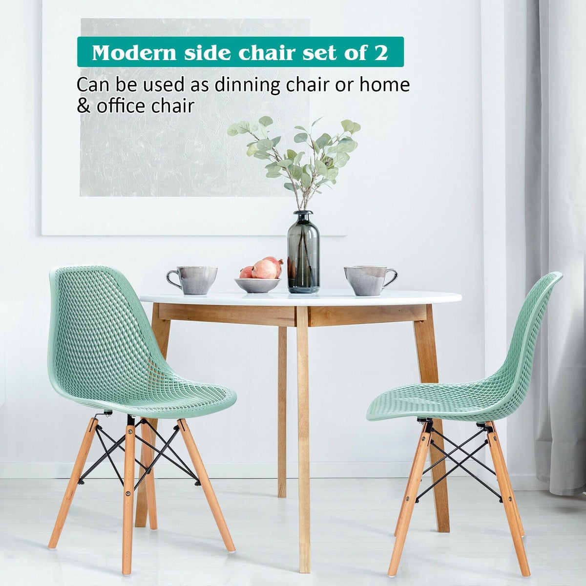 2 Pcs Modern Plastic Hollow Chair Set with Wood Leg-Green-Dining Chairs-DECOROLALA
