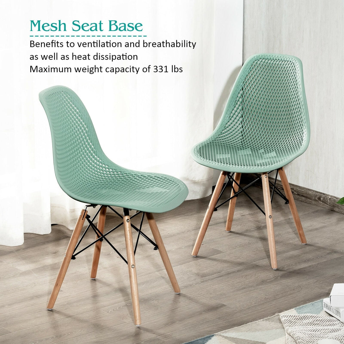 2 Pcs Modern Plastic Hollow Chair Set with Wood Leg-Green-Dining Chairs-DECOROLALA