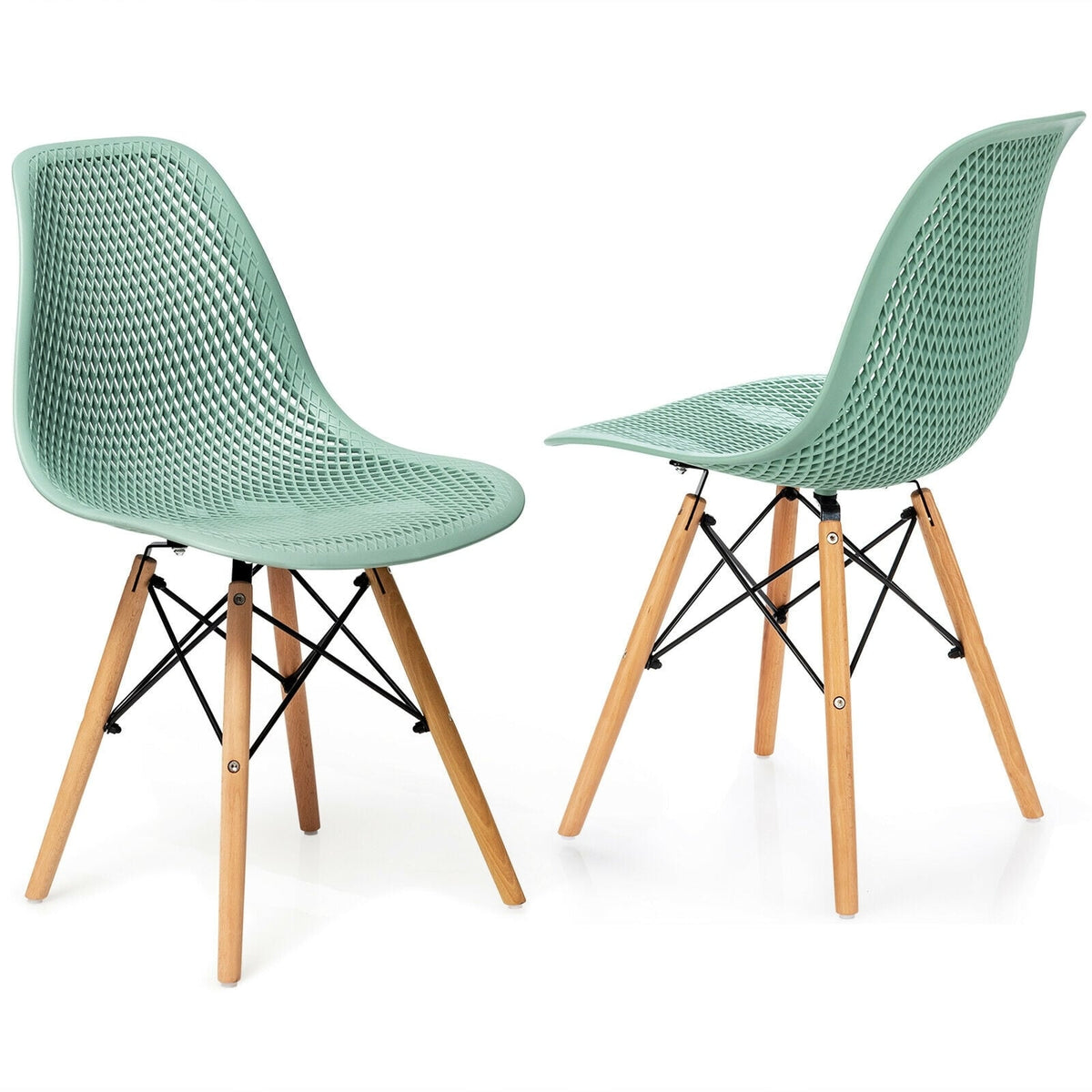 2 Pcs Modern Plastic Hollow Chair Set with Wood Leg-Green-Dining Chairs-DECOROLALA