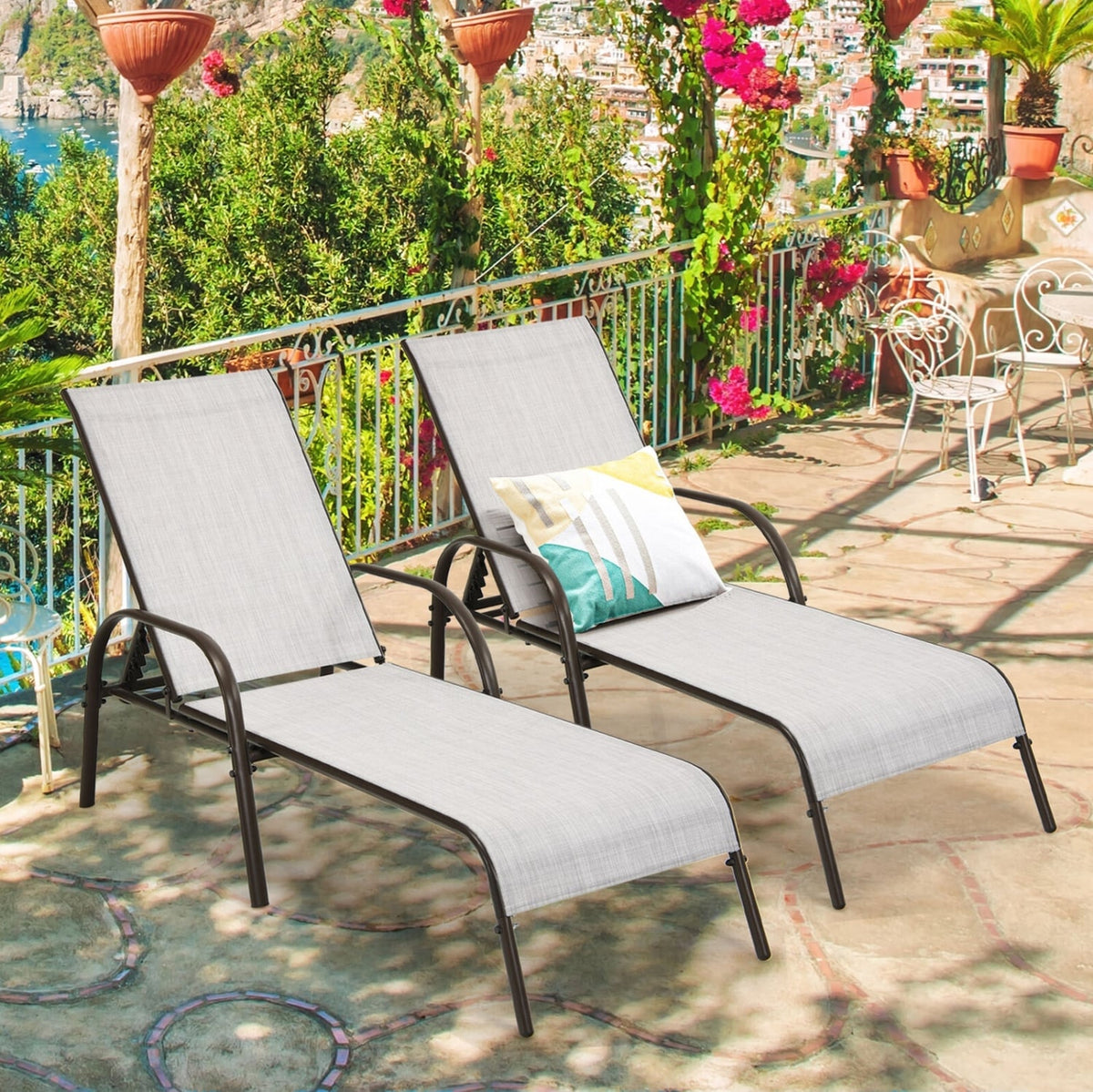 2 Pcs Outdoor Patio Lounge Chair Chaise Fabric with Adjustable Reclining Armrest-Gray-Outdoor Chaise Lounges-DECOROLALA