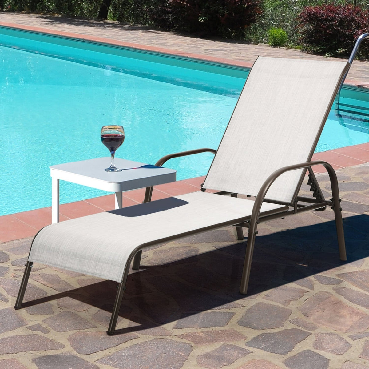 2 Pcs Outdoor Patio Lounge Chair Chaise Fabric with Adjustable Reclining Armrest-Gray-Outdoor Chaise Lounges-DECOROLALA