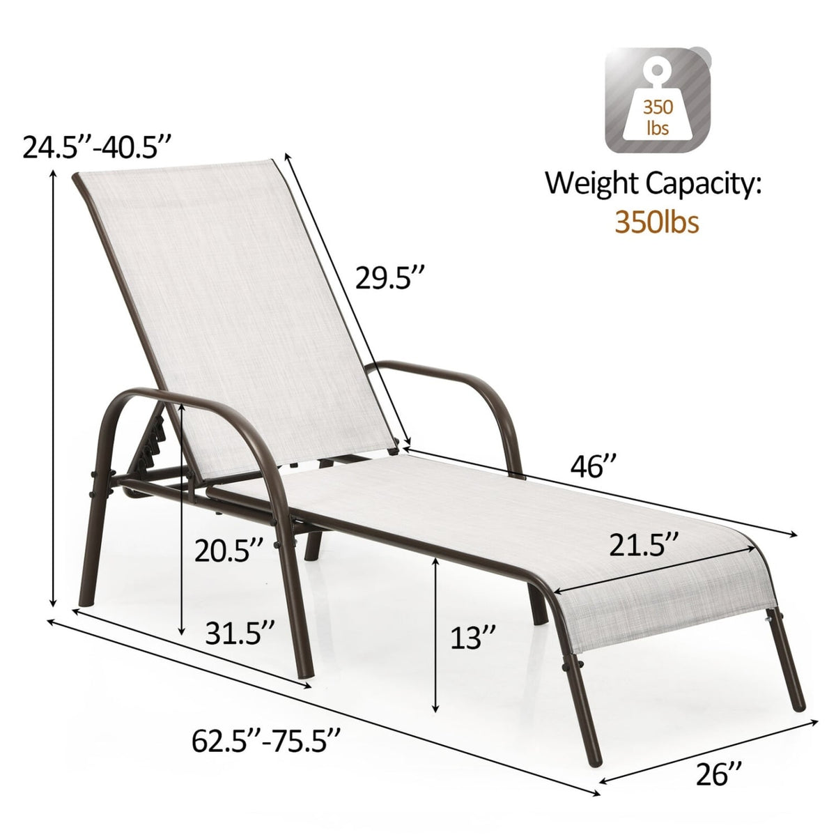 2 Pcs Outdoor Patio Lounge Chair Chaise Fabric with Adjustable Reclining Armrest-Gray-Outdoor Chaise Lounges-DECOROLALA