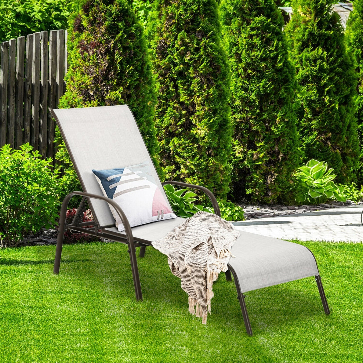 2 Pcs Outdoor Patio Lounge Chair Chaise Fabric with Adjustable Reclining Armrest-Gray-Outdoor Chaise Lounges-DECOROLALA