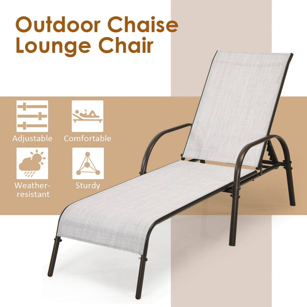 2 Pcs Outdoor Patio Lounge Chair Chaise Fabric with Adjustable Reclining Armrest-Gray-Outdoor Chaise Lounges-DECOROLALA