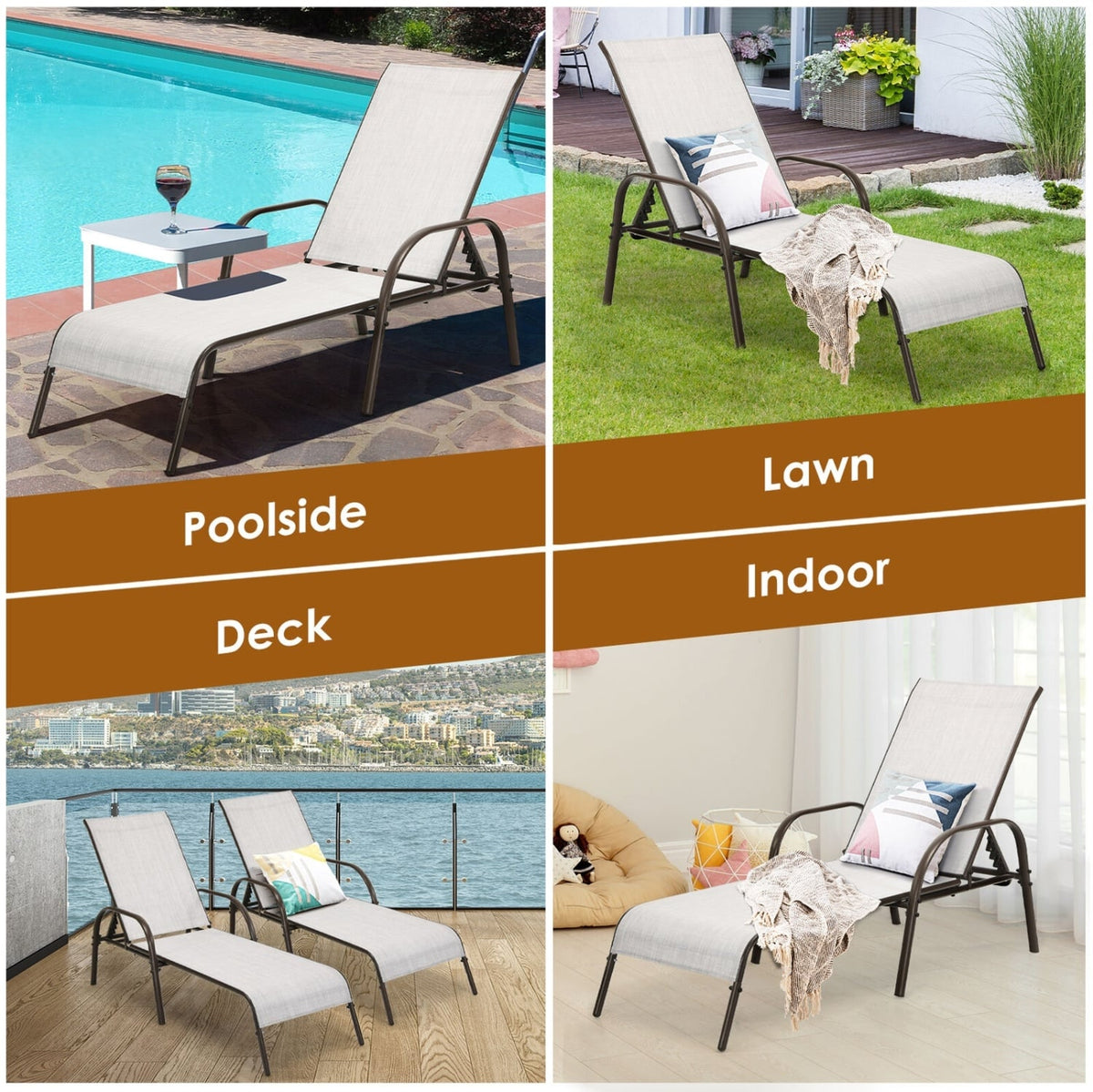 2 Pcs Outdoor Patio Lounge Chair Chaise Fabric with Adjustable Reclining Armrest-Gray-Outdoor Chaise Lounges-DECOROLALA