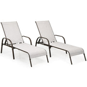 2 Pcs Outdoor Patio Lounge Chair Chaise Fabric with Adjustable Reclining Armrest-Gray-Outdoor Chaise Lounges-DECOROLALA