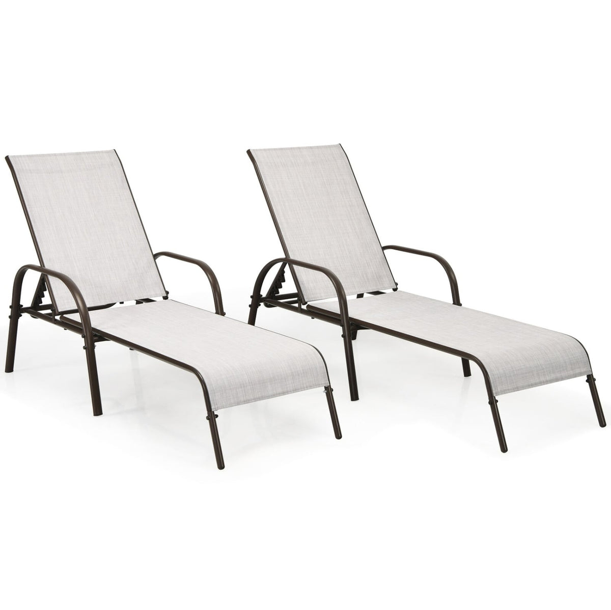 2 Pcs Outdoor Patio Lounge Chair Chaise Fabric with Adjustable Reclining Armrest-Gray-Outdoor Chaise Lounges-DECOROLALA