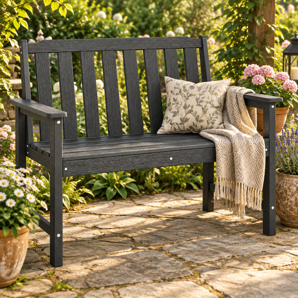2-Person All Weather HDPE Outdoor Garden Bench with Backrest and Armrests-Black-Potting Benches & Tables-DECOROLALA