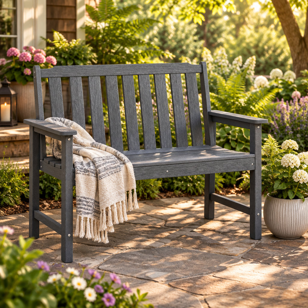 2-Person All Weather HDPE Outdoor Garden Bench with Backrest and Armrests-Gray-Potting Benches & Tables-DECOROLALA