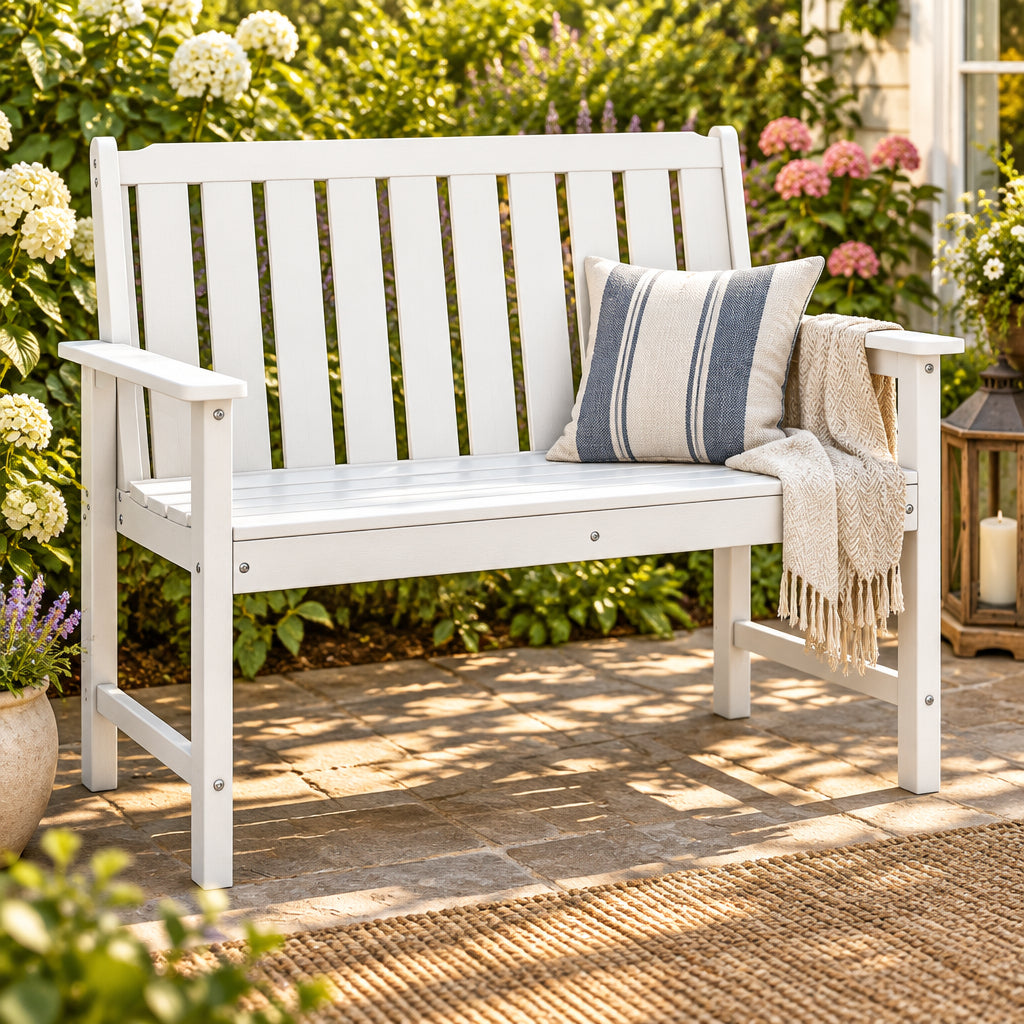 2-Person All Weather HDPE Outdoor Garden Bench with Backrest and Armrests-White-Potting Benches & Tables-DECOROLALA