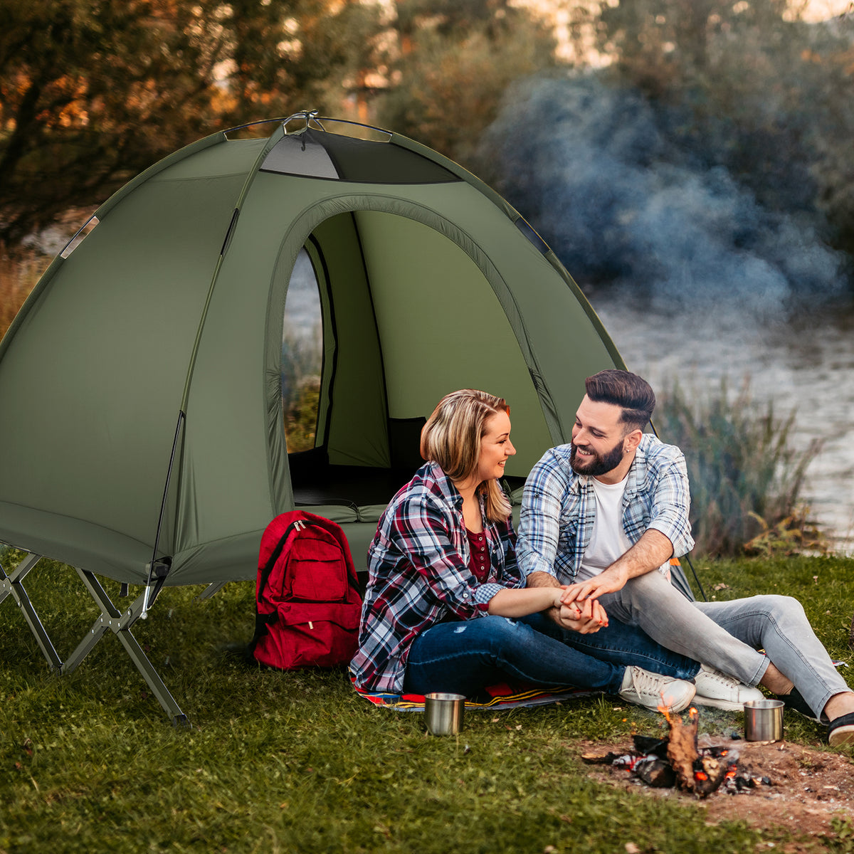 2-Person Camping Cot Tent Foldable Off-Ground Camping Combo for Adults-Green-Tents-DECOROLALA
