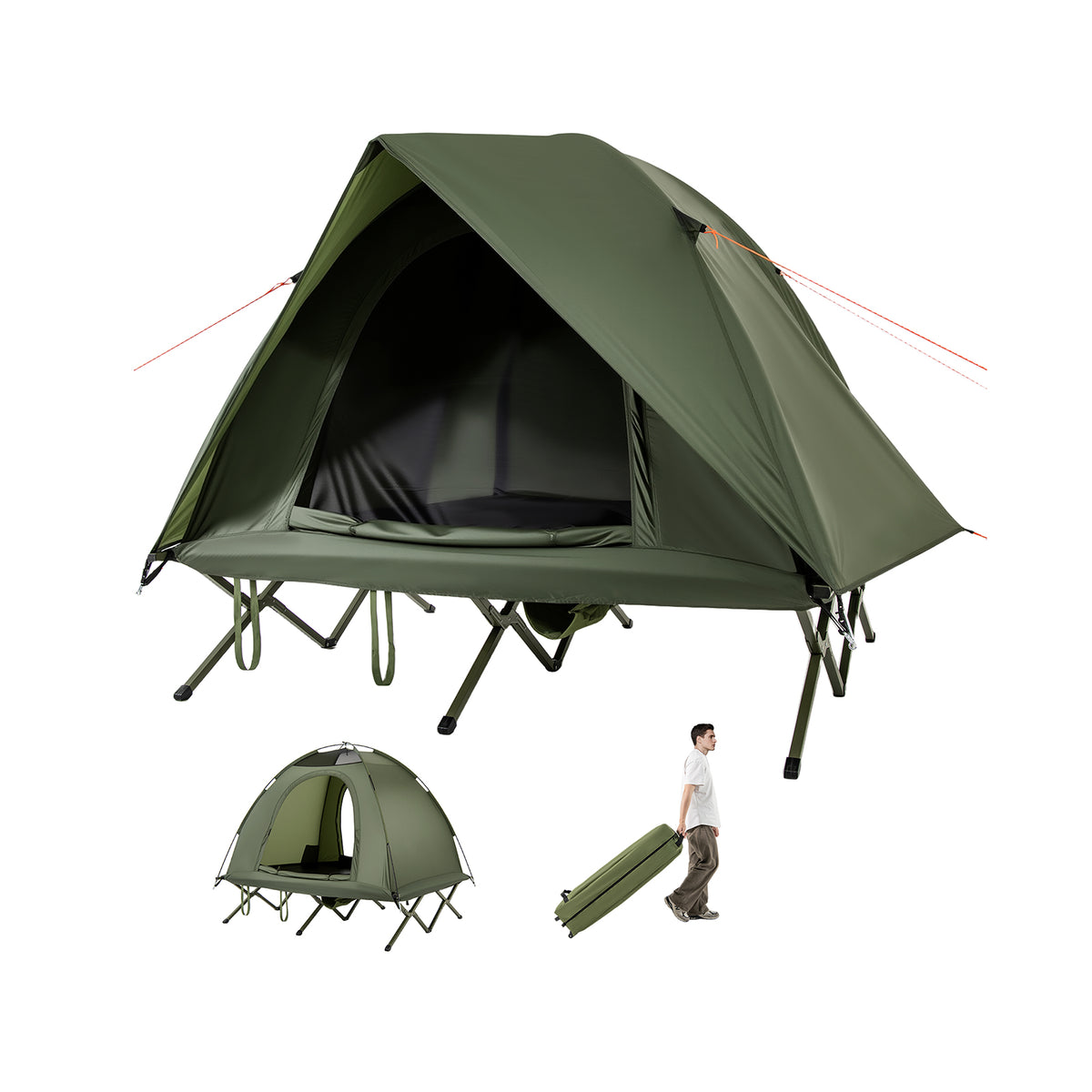 2-Person Camping Cot Tent Foldable Off-Ground Camping Combo for Adults-Green-Tents-DECOROLALA