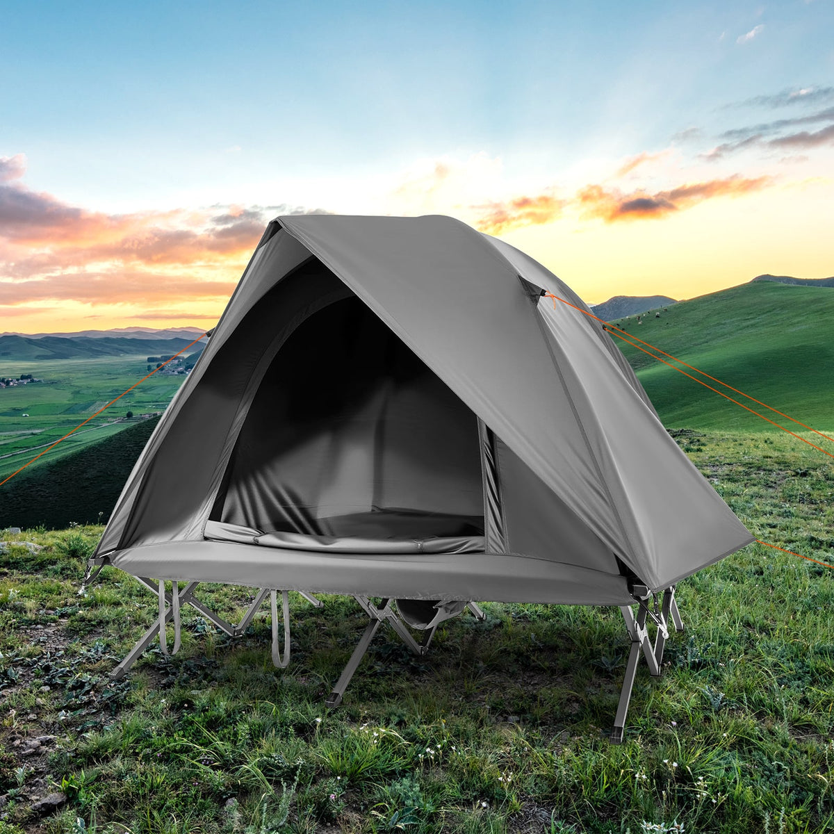 2-Person Camping Cot Tent Foldable Off-Ground Camping Combo for Adults-Grey-Tents-DECOROLALA