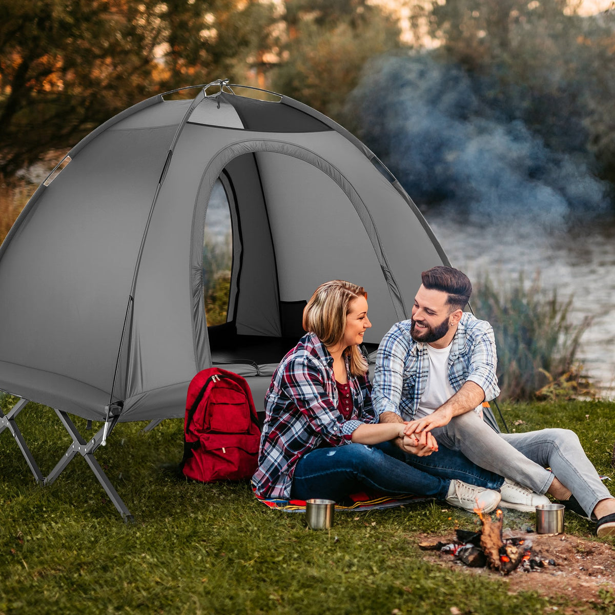 2-Person Camping Cot Tent Foldable Off-Ground Camping Combo for Adults-Grey-Tents-DECOROLALA