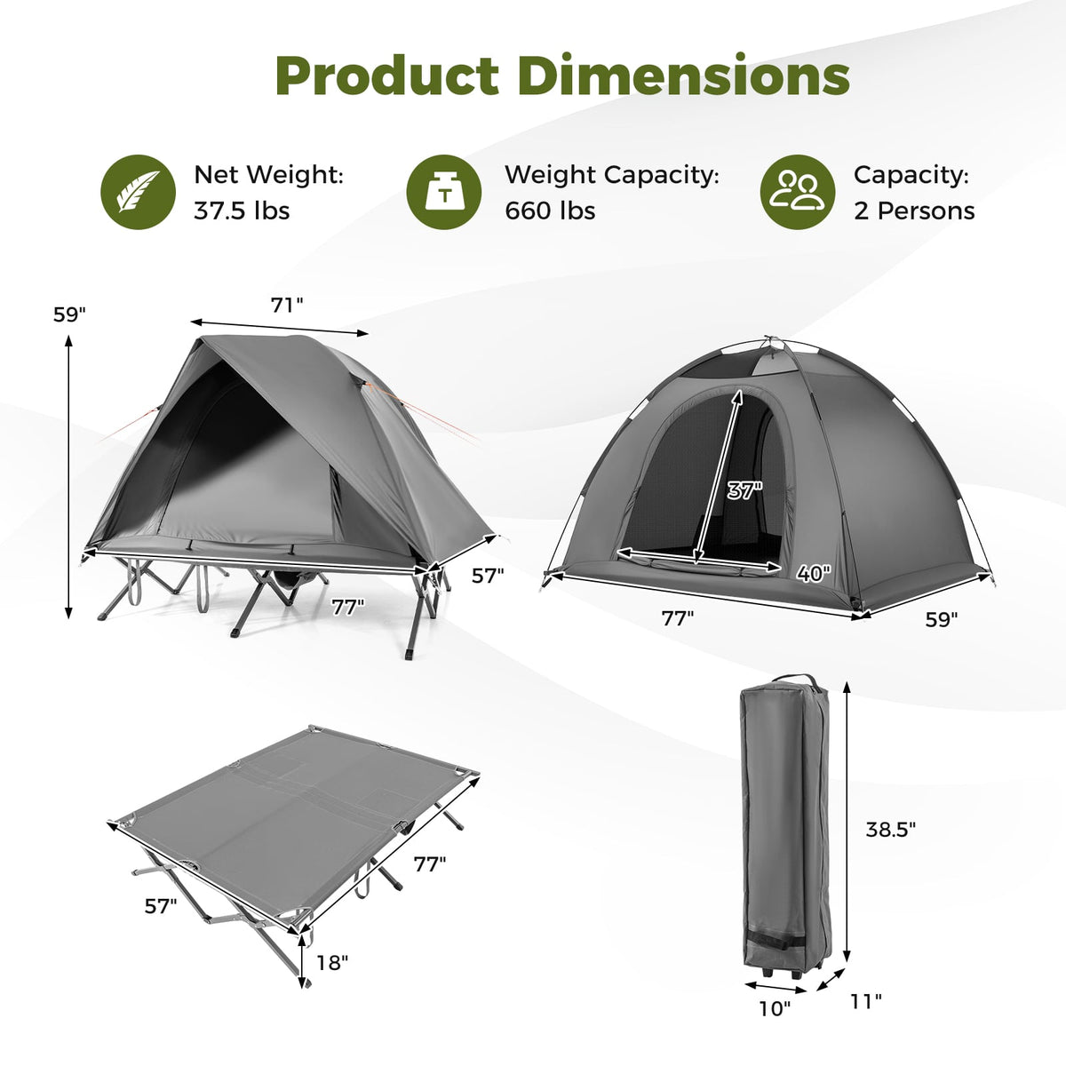 2-Person Camping Cot Tent Foldable Off-Ground Camping Combo for Adults-Grey-Tents-DECOROLALA