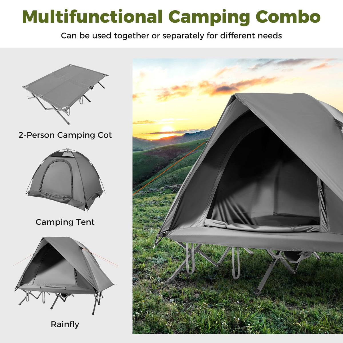 2-Person Camping Cot Tent Foldable Off-Ground Camping Combo for Adults-Grey-Tents-DECOROLALA