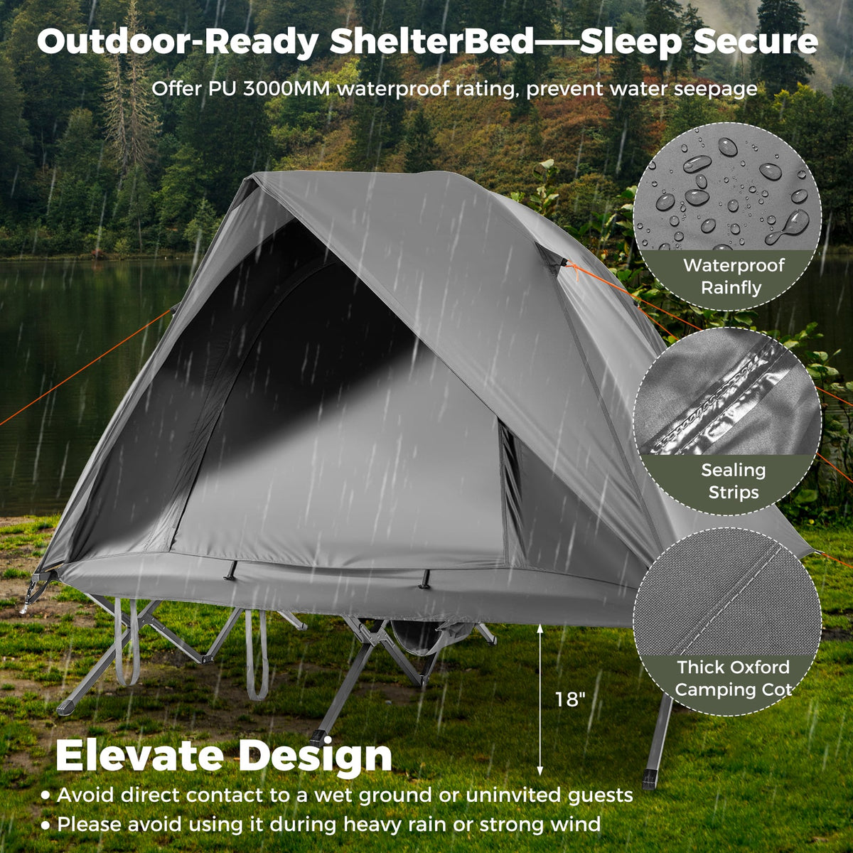 2-Person Camping Cot Tent Foldable Off-Ground Camping Combo for Adults-Grey-Tents-DECOROLALA