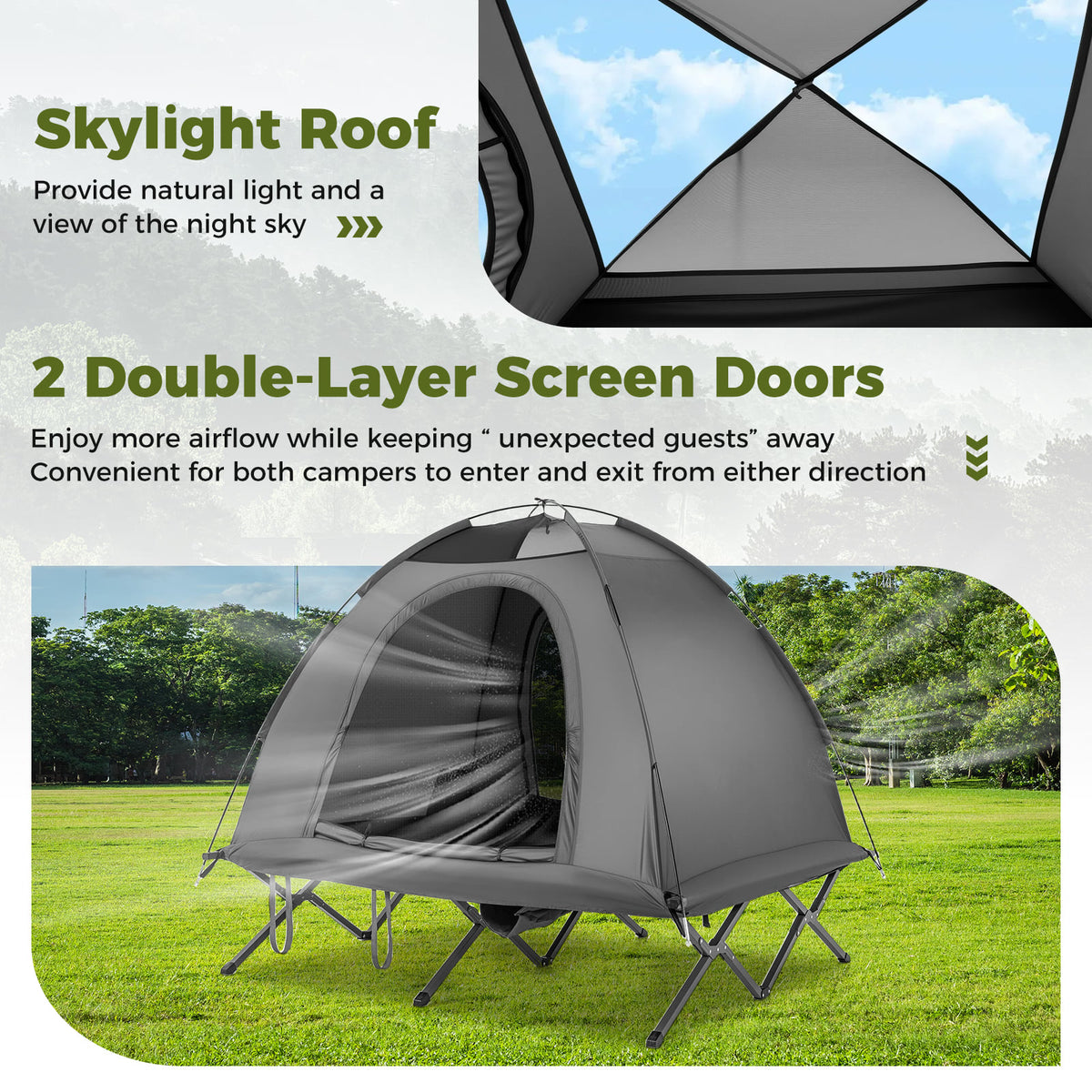 2-Person Camping Cot Tent Foldable Off-Ground Camping Combo for Adults-Grey-Tents-DECOROLALA
