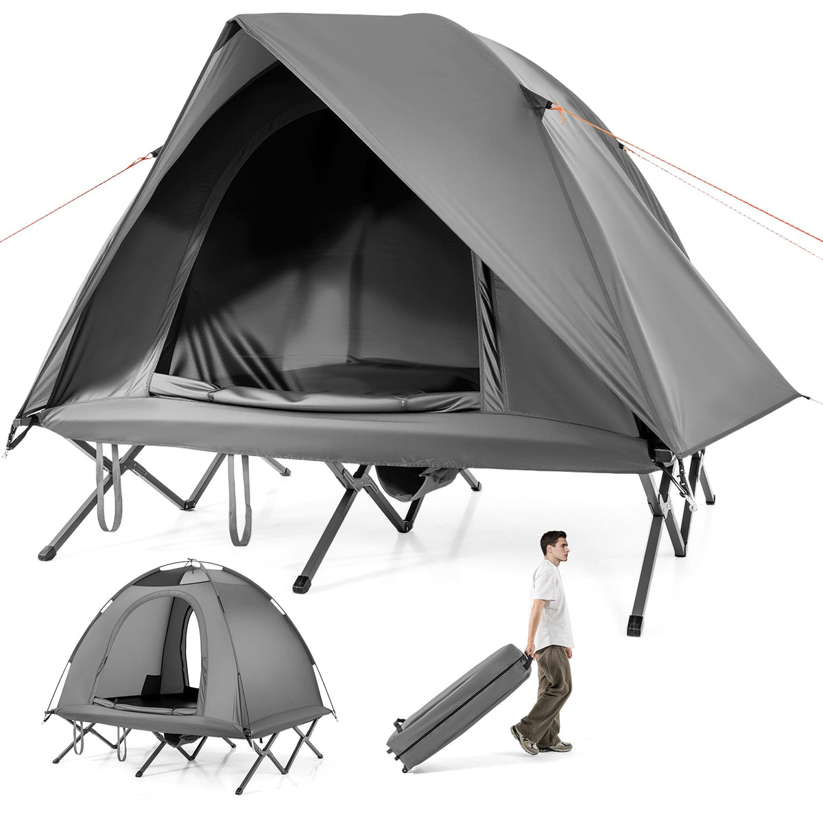 2-Person Camping Cot Tent Foldable Off-Ground Camping Combo for Adults-Grey-Tents-DECOROLALA