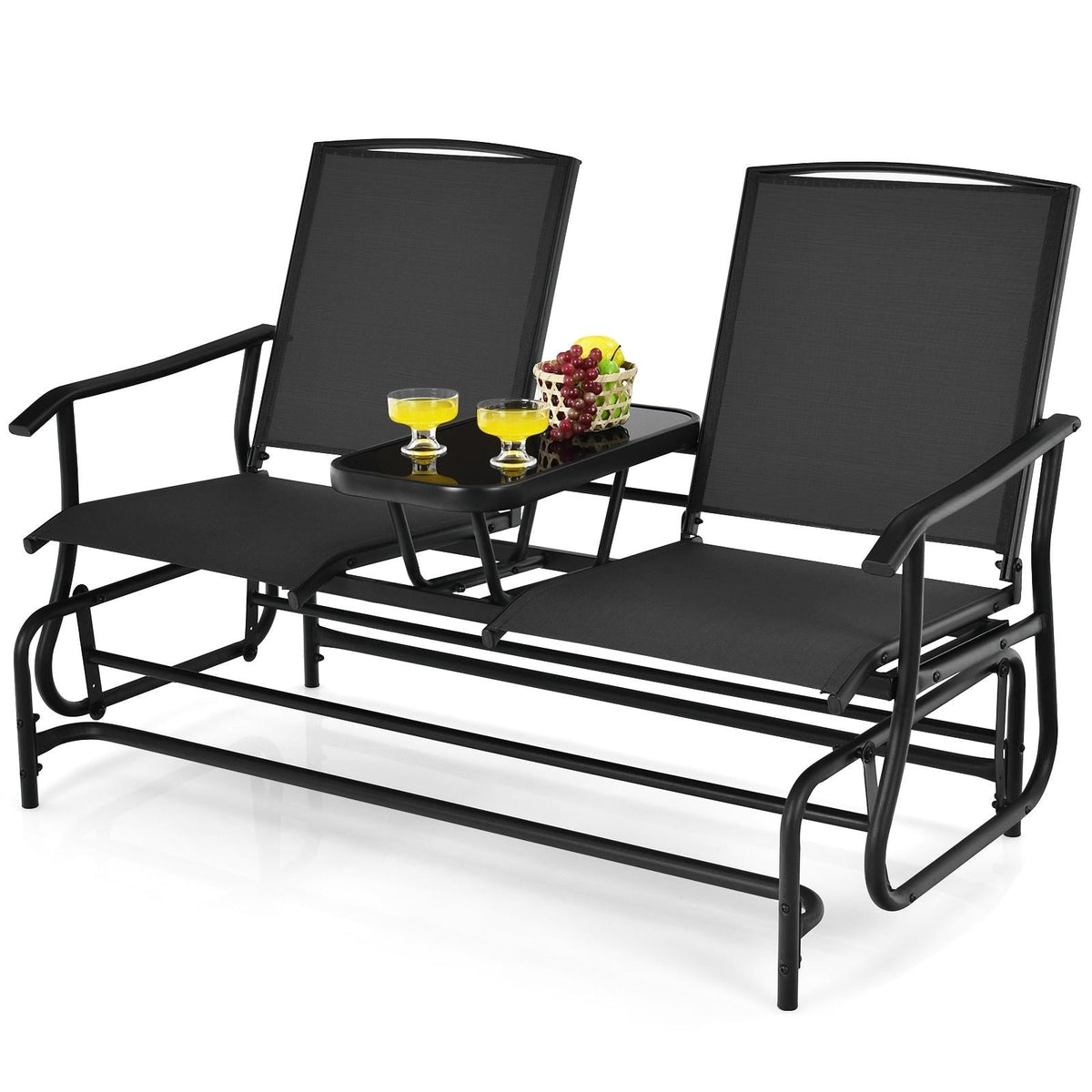 2-Person Double Rocking Loveseat with Mesh Fabric and Center Tempered Glass Table-Black-Patio Conversation Sets-DECOROLALA