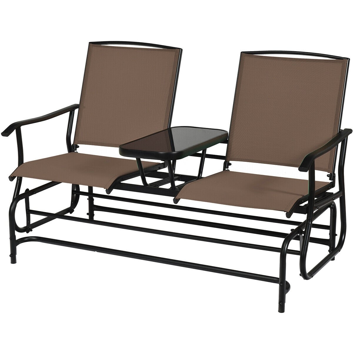 2-Person Double Rocking Loveseat with Mesh Fabric and Center Tempered Glass Table-Brown-Patio Conversation Sets-DECOROLALA