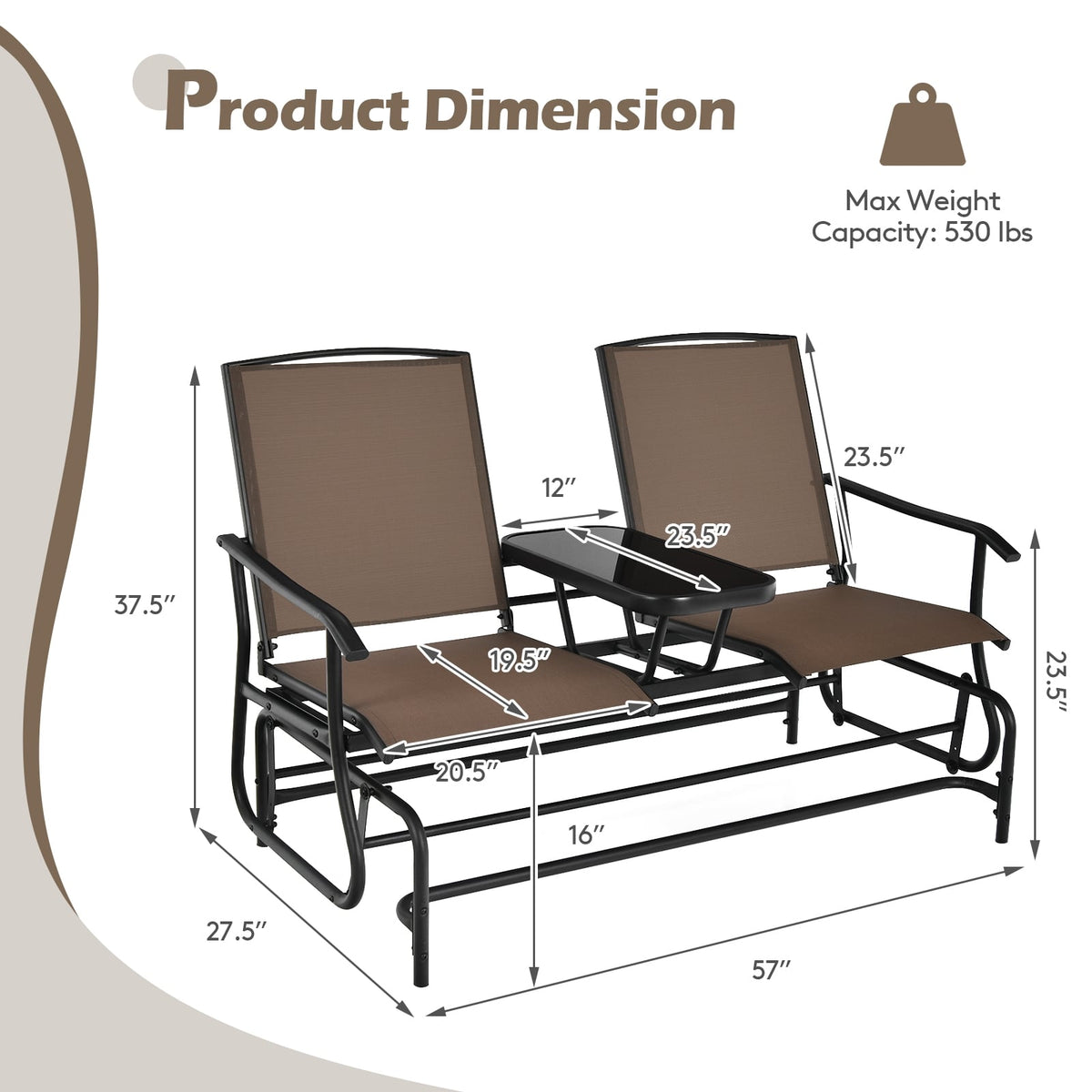 2-Person Double Rocking Loveseat with Mesh Fabric and Center Tempered Glass Table-Brown-Patio Conversation Sets-DECOROLALA