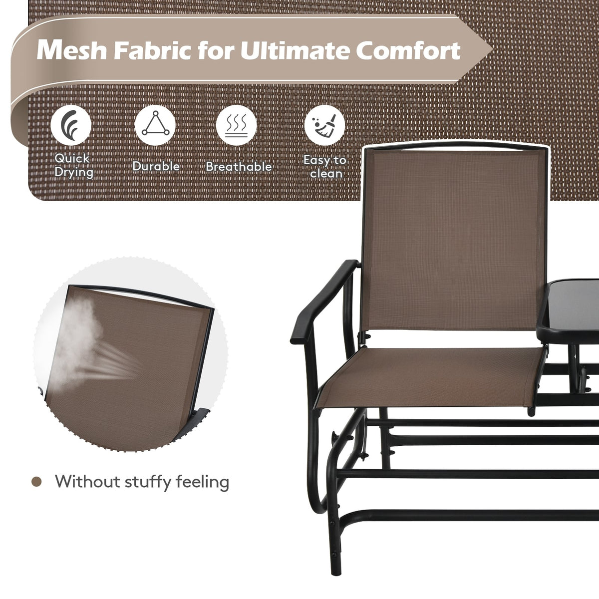 2-Person Double Rocking Loveseat with Mesh Fabric and Center Tempered Glass Table-Brown-Patio Conversation Sets-DECOROLALA