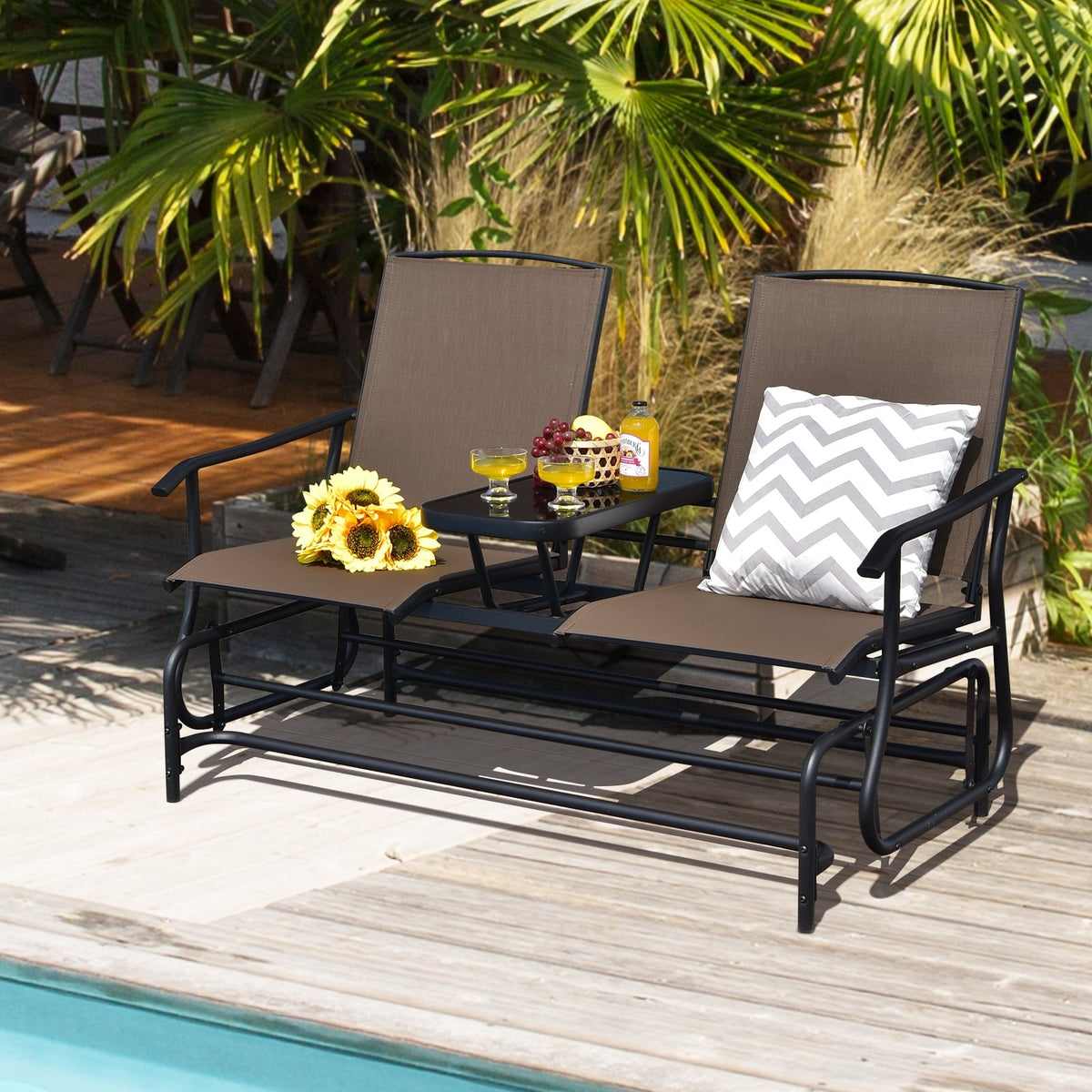 2-Person Double Rocking Loveseat with Mesh Fabric and Center Tempered Glass Table-Brown-Patio Conversation Sets-DECOROLALA