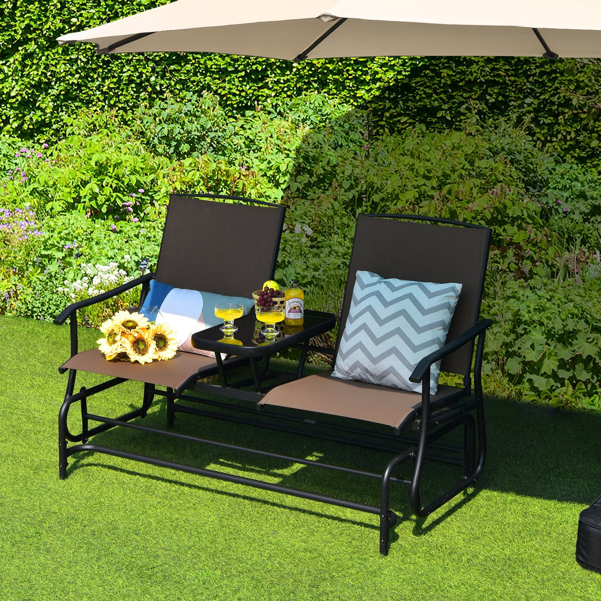 2-Person Double Rocking Loveseat with Mesh Fabric and Center Tempered Glass Table-Brown-Patio Conversation Sets-DECOROLALA