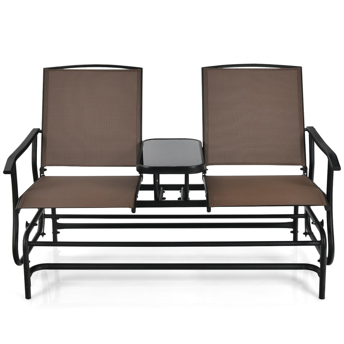 2-Person Double Rocking Loveseat with Mesh Fabric and Center Tempered Glass Table-Brown-Patio Conversation Sets-DECOROLALA