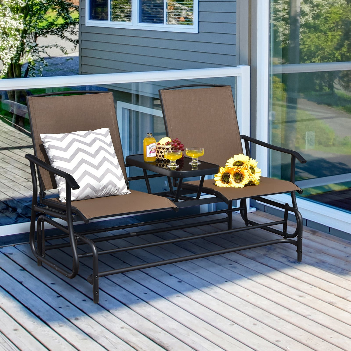 2-Person Double Rocking Loveseat with Mesh Fabric and Center Tempered Glass Table-Brown-Patio Conversation Sets-DECOROLALA