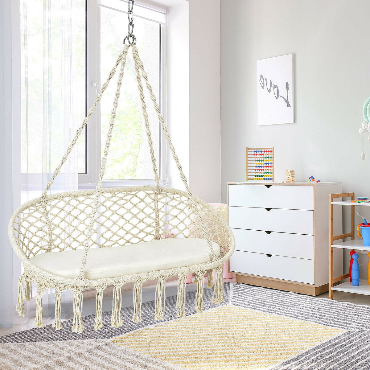 2 Person Hanging Hammock Chair with Cushion Macrame Swing-Beige-Hammocks-DECOROLALA