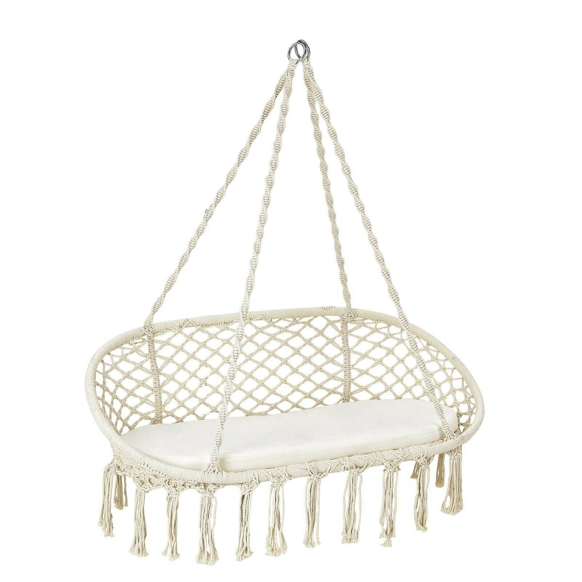 2 Person Hanging Hammock Chair with Cushion Macrame Swing-Beige-Hammocks-DECOROLALA