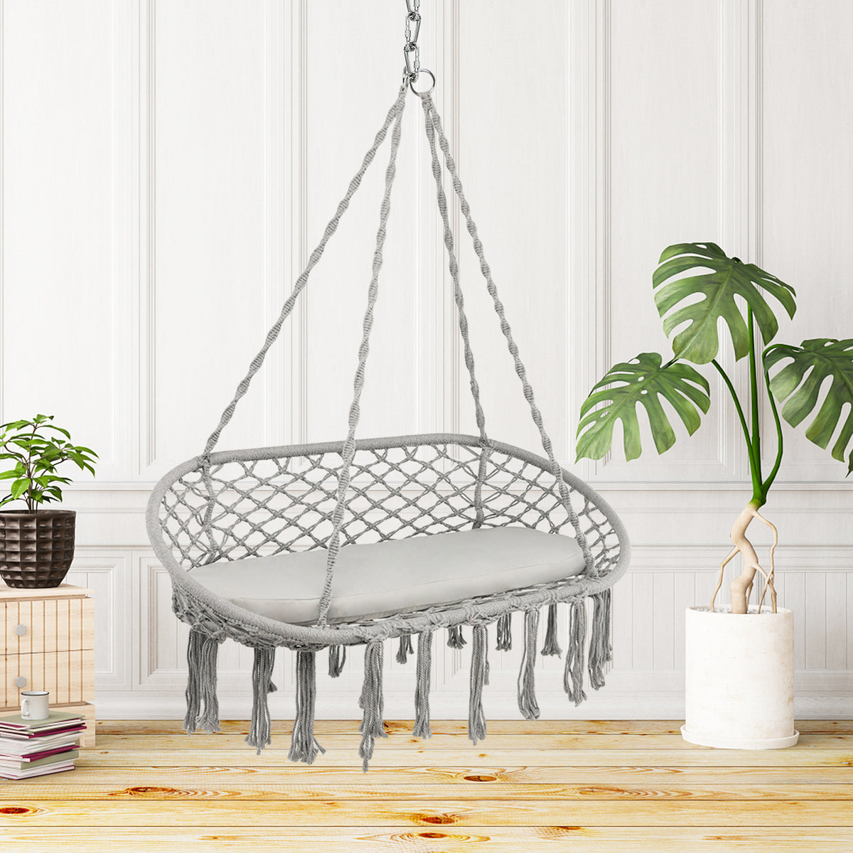 2 Person Hanging Hammock Chair with Cushion Macrame Swing-Gray-Hammocks-DECOROLALA