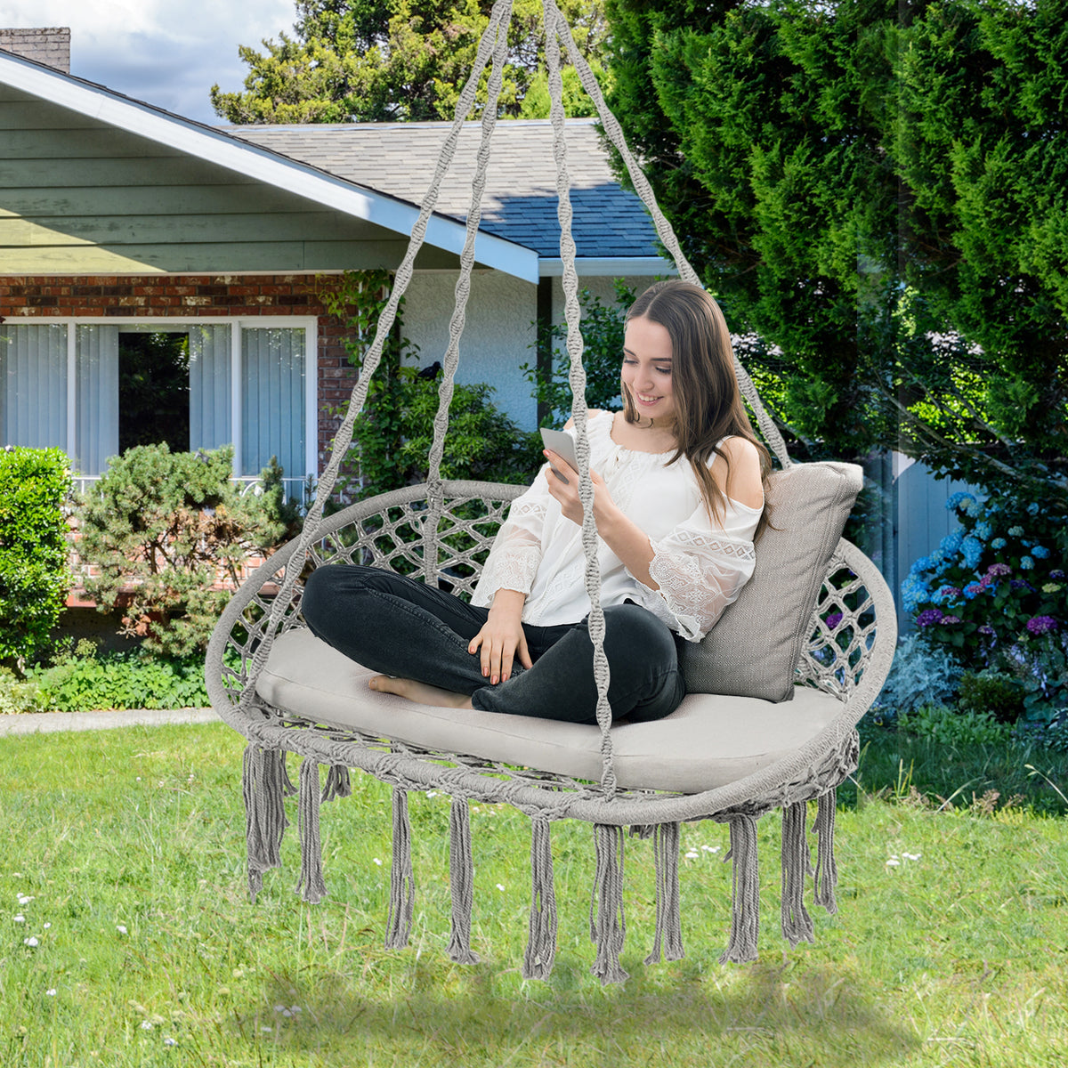 2 Person Hanging Hammock Chair with Cushion Macrame Swing-Gray-Hammocks-DECOROLALA