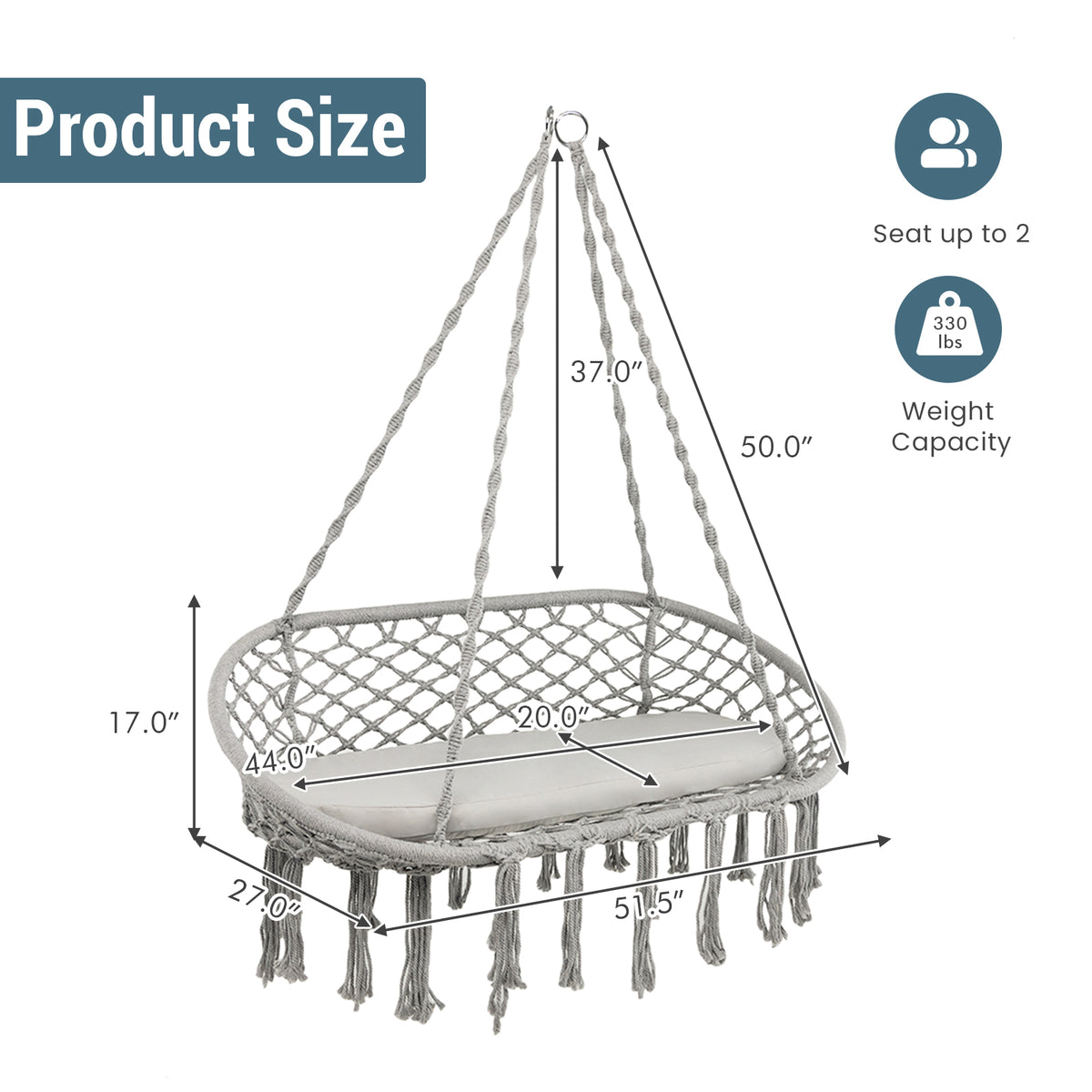 2 Person Hanging Hammock Chair with Cushion Macrame Swing-Gray-Hammocks-DECOROLALA