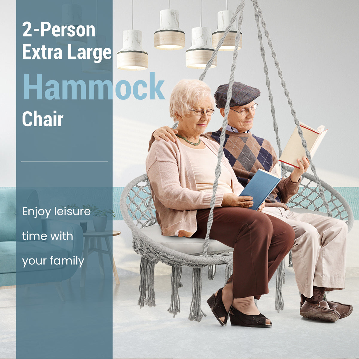 2 Person Hanging Hammock Chair with Cushion Macrame Swing-Gray-Hammocks-DECOROLALA