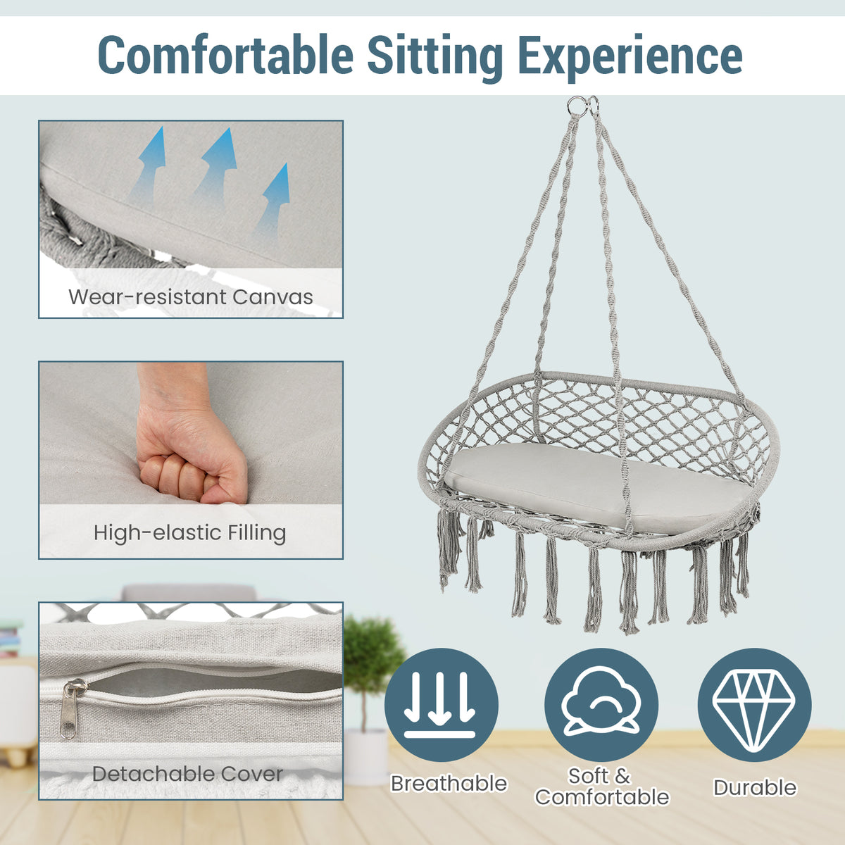 2 Person Hanging Hammock Chair with Cushion Macrame Swing-Gray-Hammocks-DECOROLALA