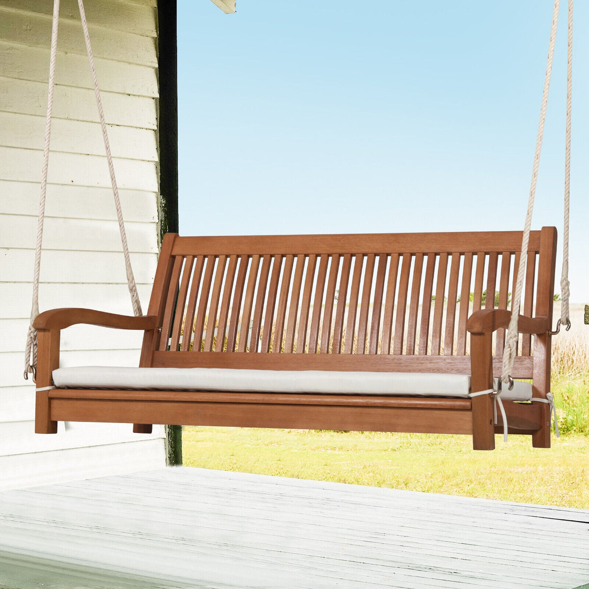 2-Person Hanging Porch Swing Wood Bench with Cushion Curved Back-Porch Swings-DECOROLALA