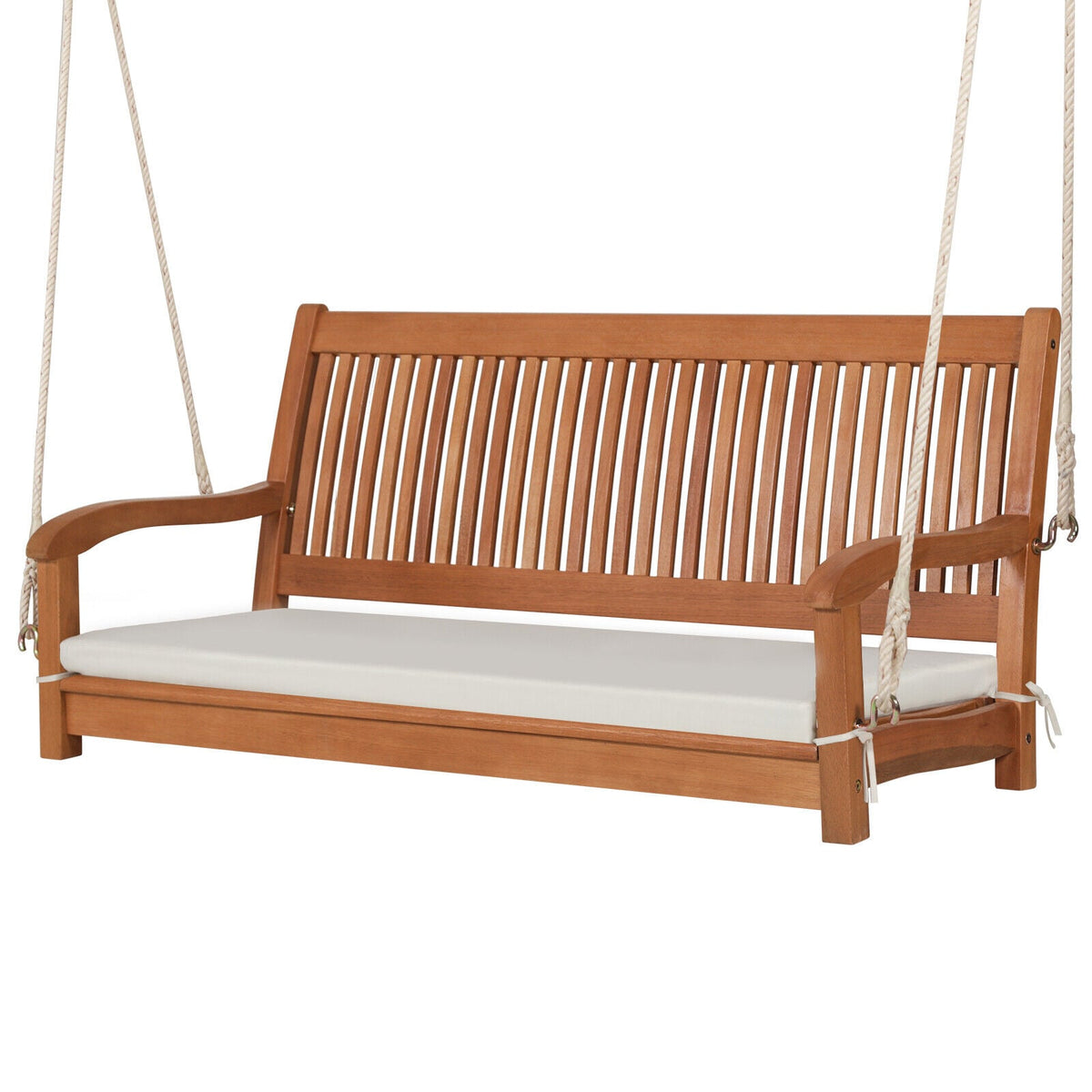2-Person Hanging Porch Swing Wood Bench with Cushion Curved Back-Porch Swings-DECOROLALA