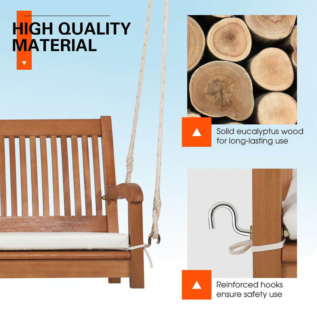 2-Person Hanging Porch Swing Wood Bench with Cushion Curved Back-Porch Swings-DECOROLALA