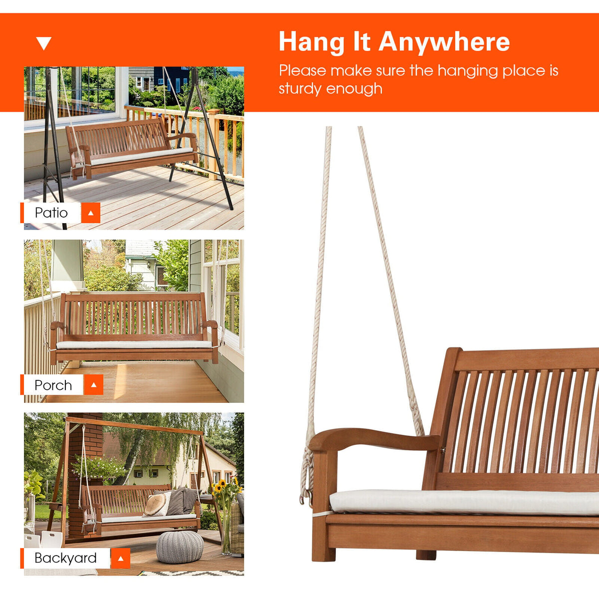 2-Person Hanging Porch Swing Wood Bench with Cushion Curved Back-Porch Swings-DECOROLALA