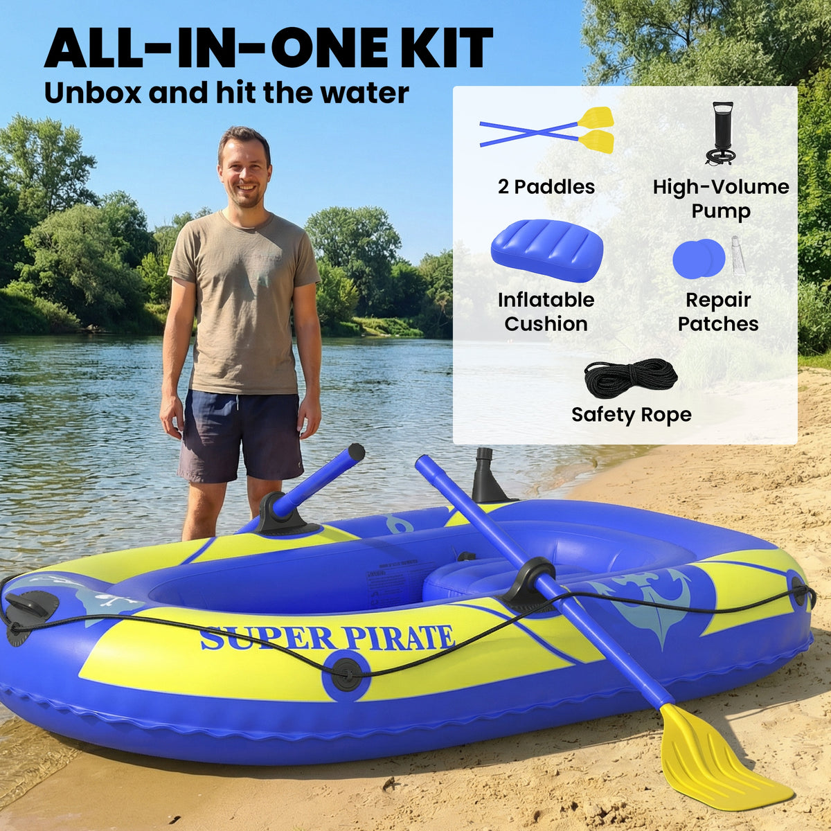 2-Person Inflatable Kayak - Dark Blue/Yellow 440lbs Capacity-Patio & Garden > Outdoor Recreation > Water Sports & Boating Supplies-DECOROLALA