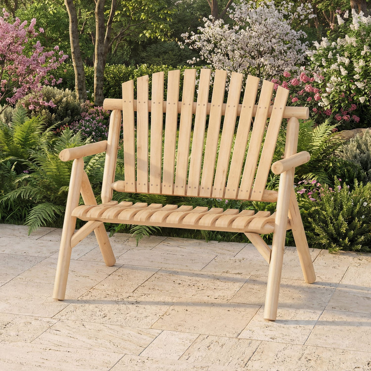 2-Person Log Wood Patio Bench with Slatted Backrest for Deck Backyard-Natural-Outdoor Benches-DECOROLALA