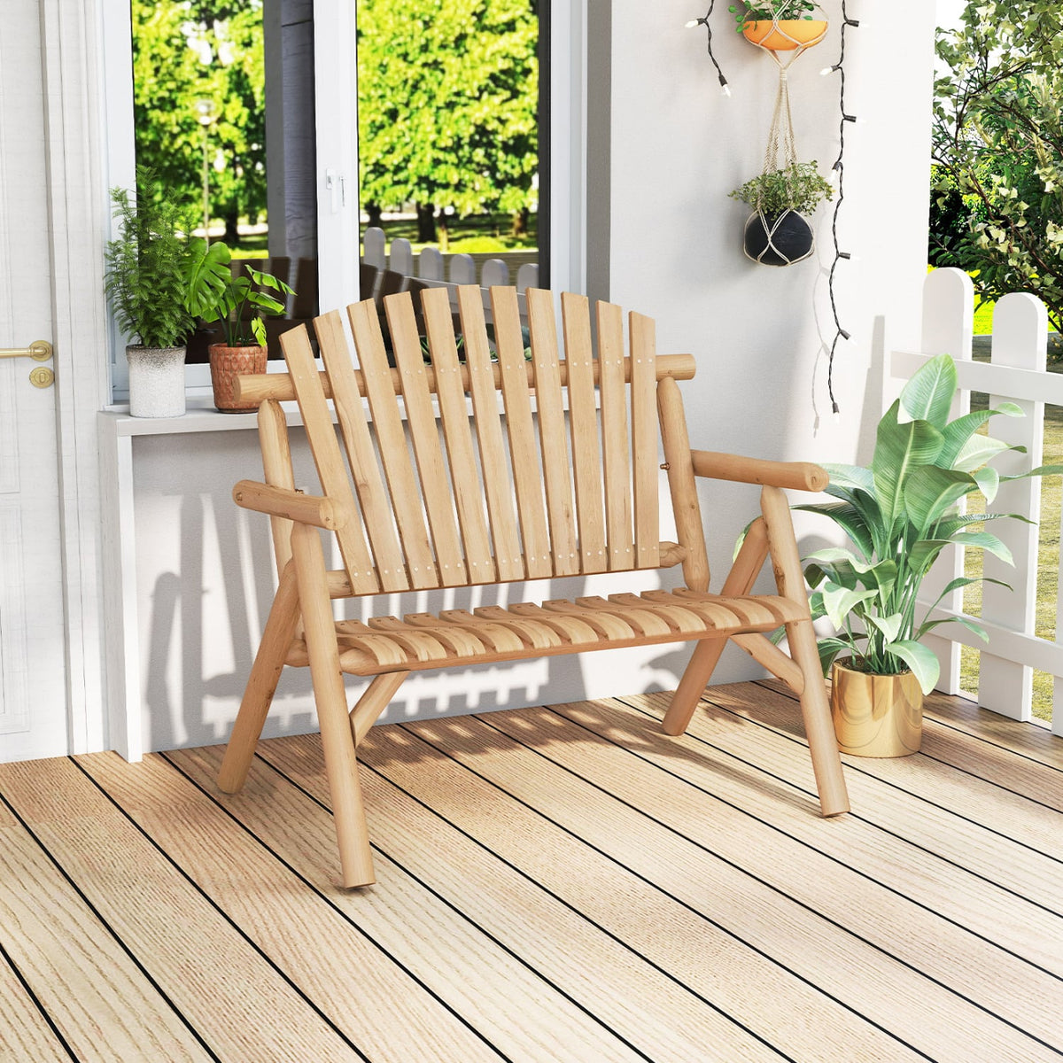 2-Person Log Wood Patio Bench with Slatted Backrest for Deck Backyard-Natural-Outdoor Benches-DECOROLALA