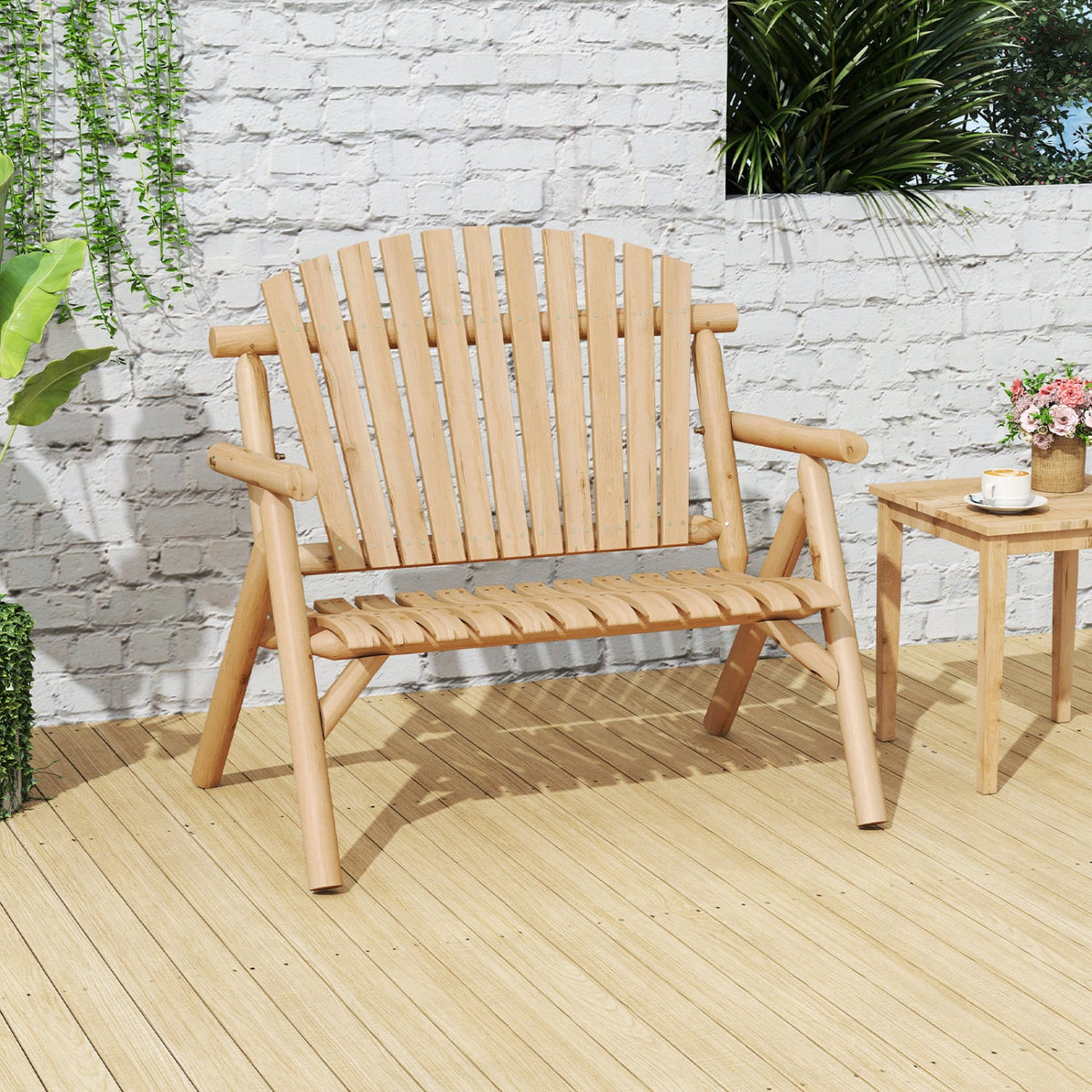 2-Person Log Wood Patio Bench with Slatted Backrest for Deck Backyard-Natural-Outdoor Benches-DECOROLALA