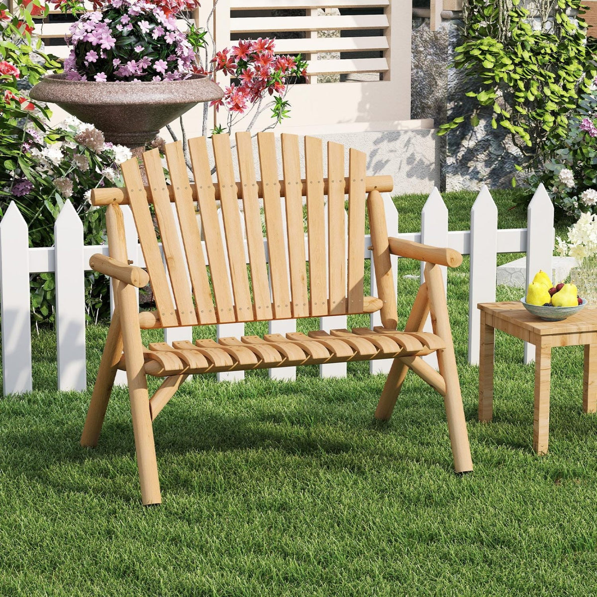 2-Person Log Wood Patio Bench with Slatted Backrest for Deck Backyard-Natural-Outdoor Benches-DECOROLALA