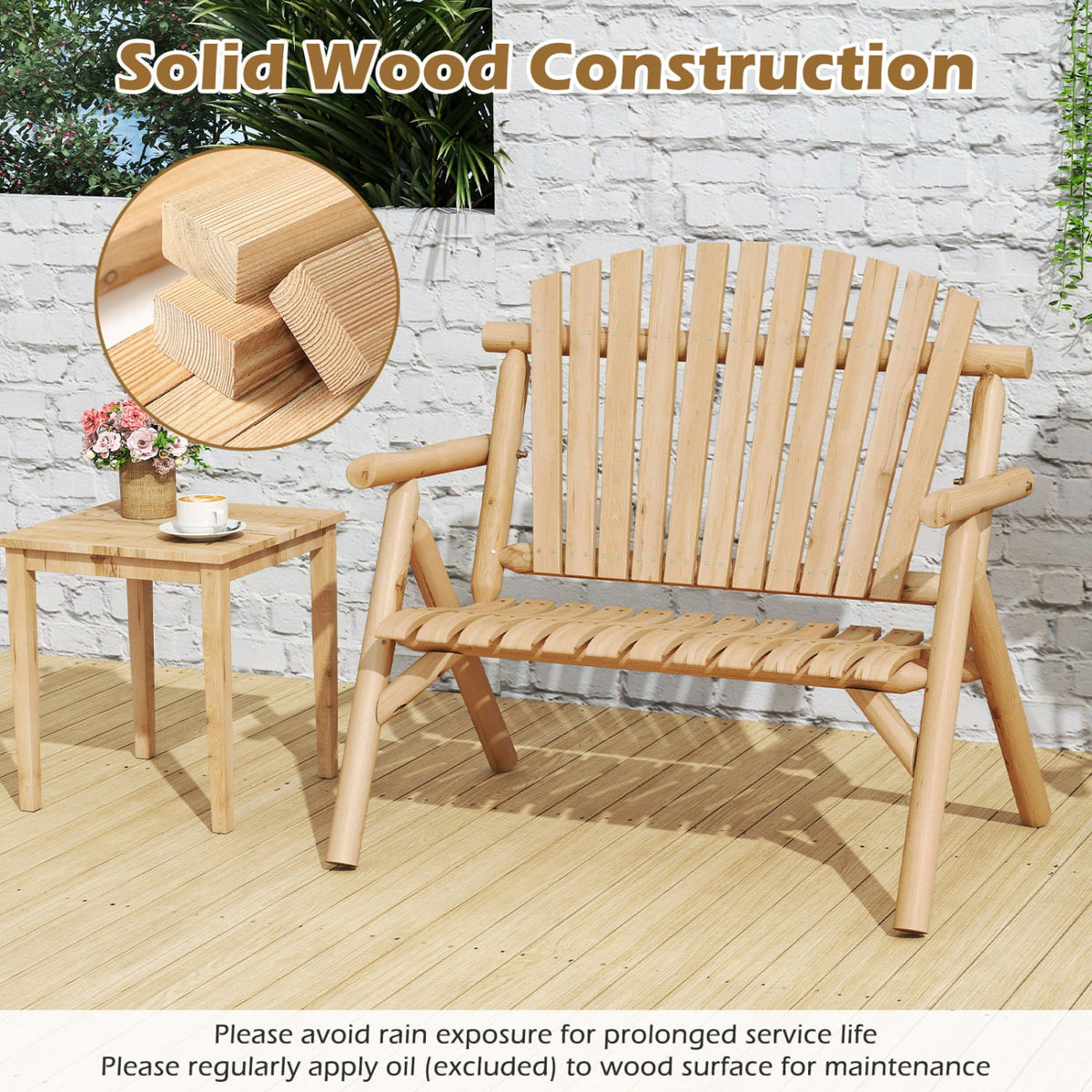 2-Person Log Wood Patio Bench with Slatted Backrest for Deck Backyard-Natural-Outdoor Benches-DECOROLALA