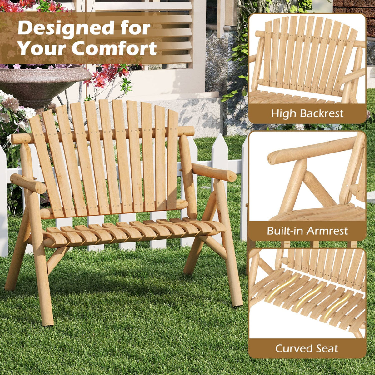 2-Person Log Wood Patio Bench with Slatted Backrest for Deck Backyard-Natural-Outdoor Benches-DECOROLALA